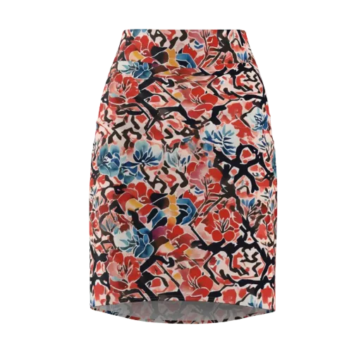 Crimson Brushwork on a Pencil Skirt