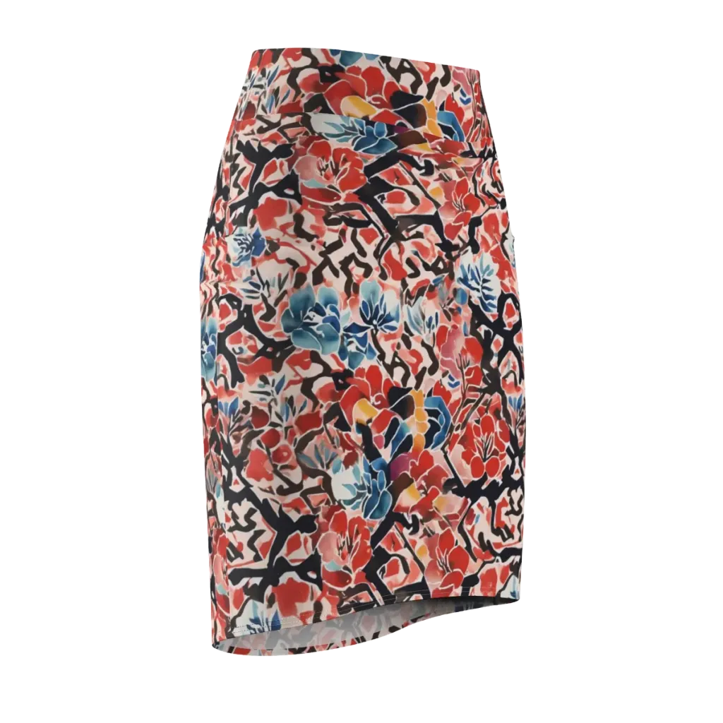 Crimson Brushwork on Pencil Skirt — Front Side