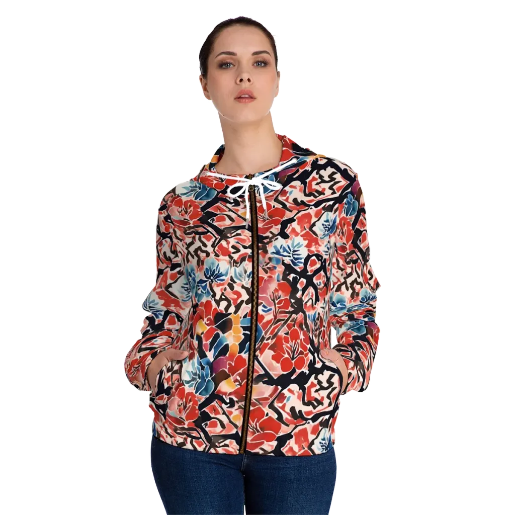 Crimson Brushwork on Women's Full-Zip Hoodie — Front On Person
