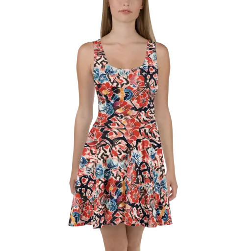 Crimson Brushwork on a Skater Dress