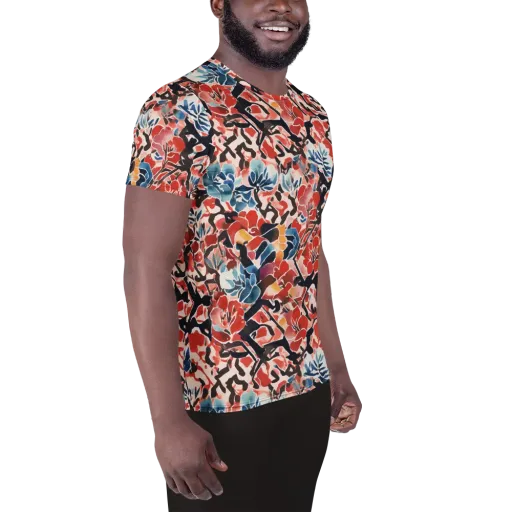 Crimson Brushwork on a Men's Athletic T-Shirt