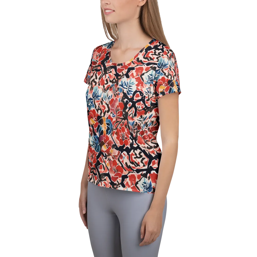 Crimson Brushwork on Women's Athletic T-Shirt — Left
