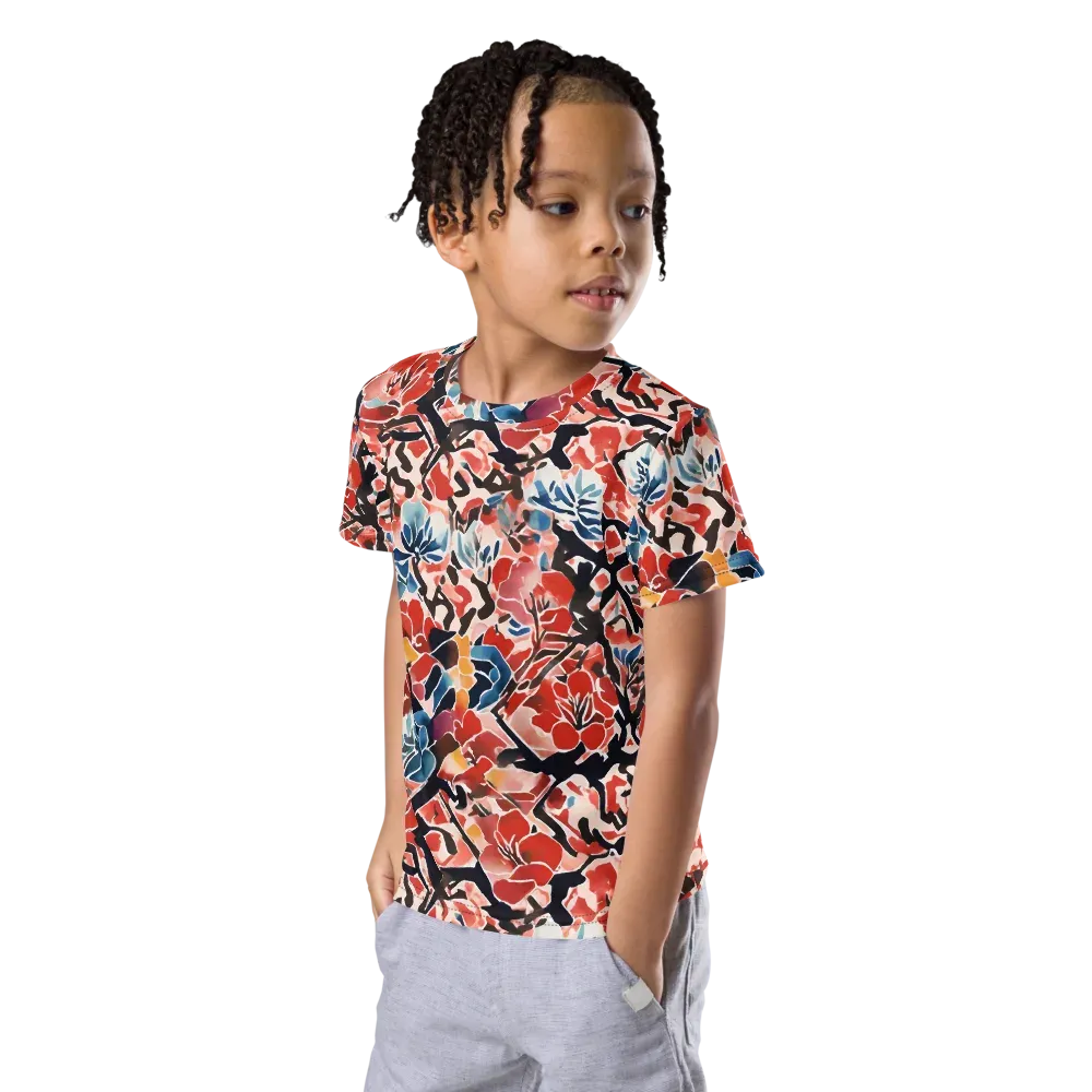 Crimson Brushwork on Kids Crew Neck T-Shirt — Left Front