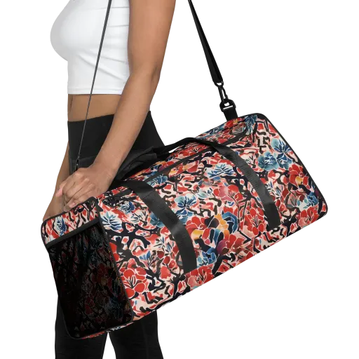 Crimson Brushwork on a Duffle Bag