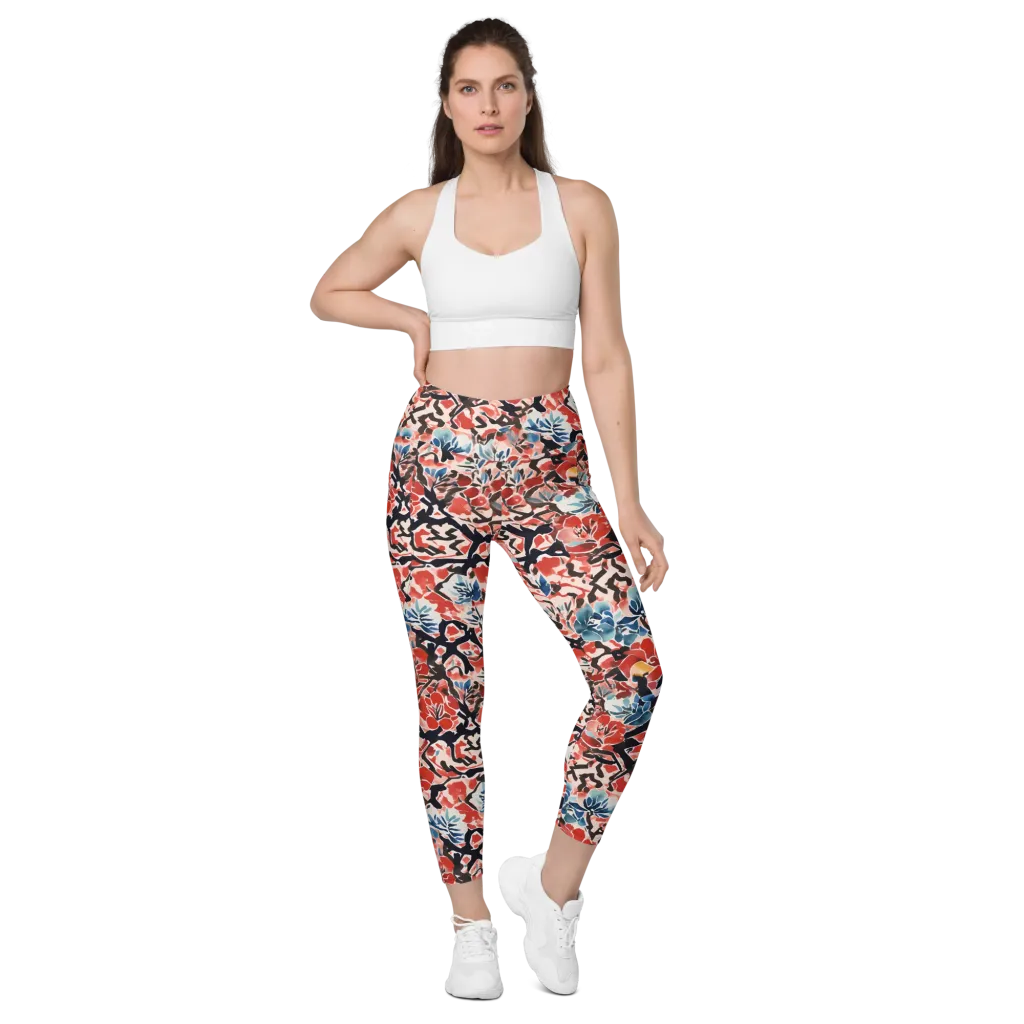 Crimson Brushwork on Leggings with Pockets — Front