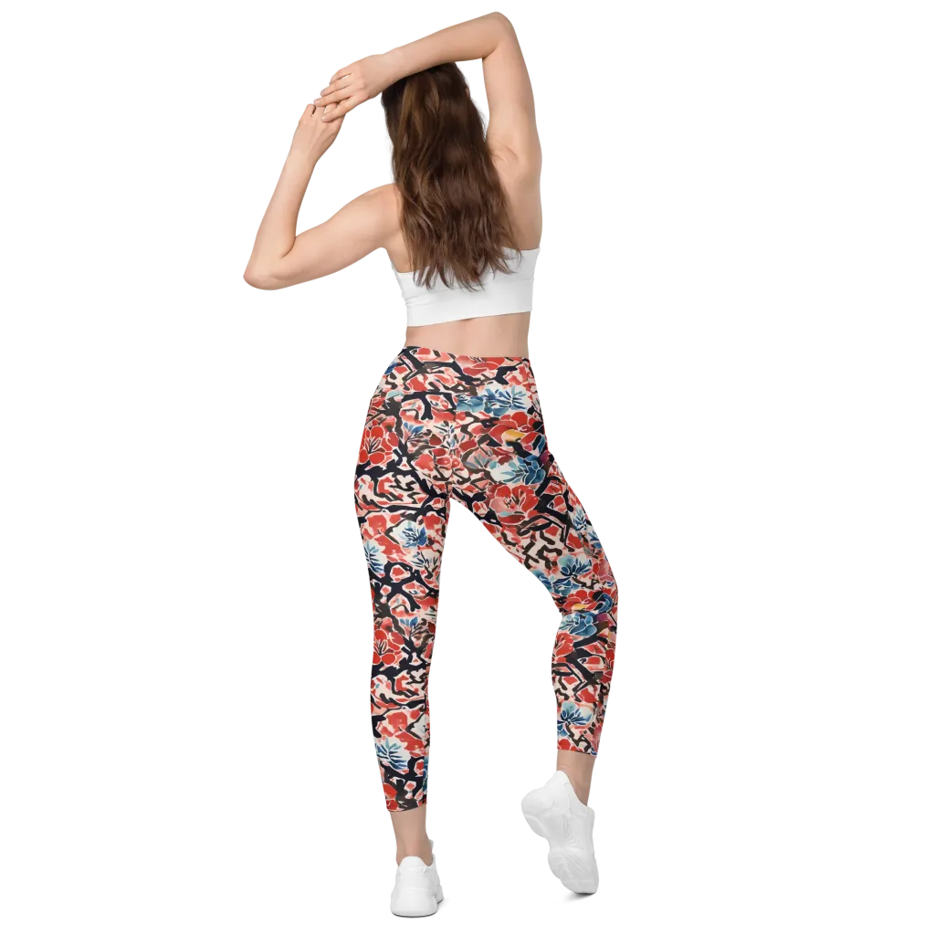 Crimson Brushwork on Leggings with Pockets — Back