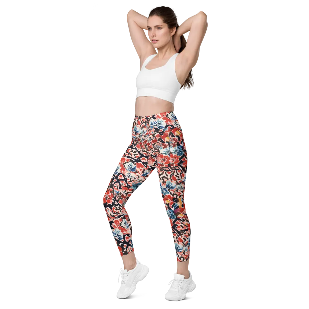 Crimson Brushwork on Leggings with Pockets — Left Front
