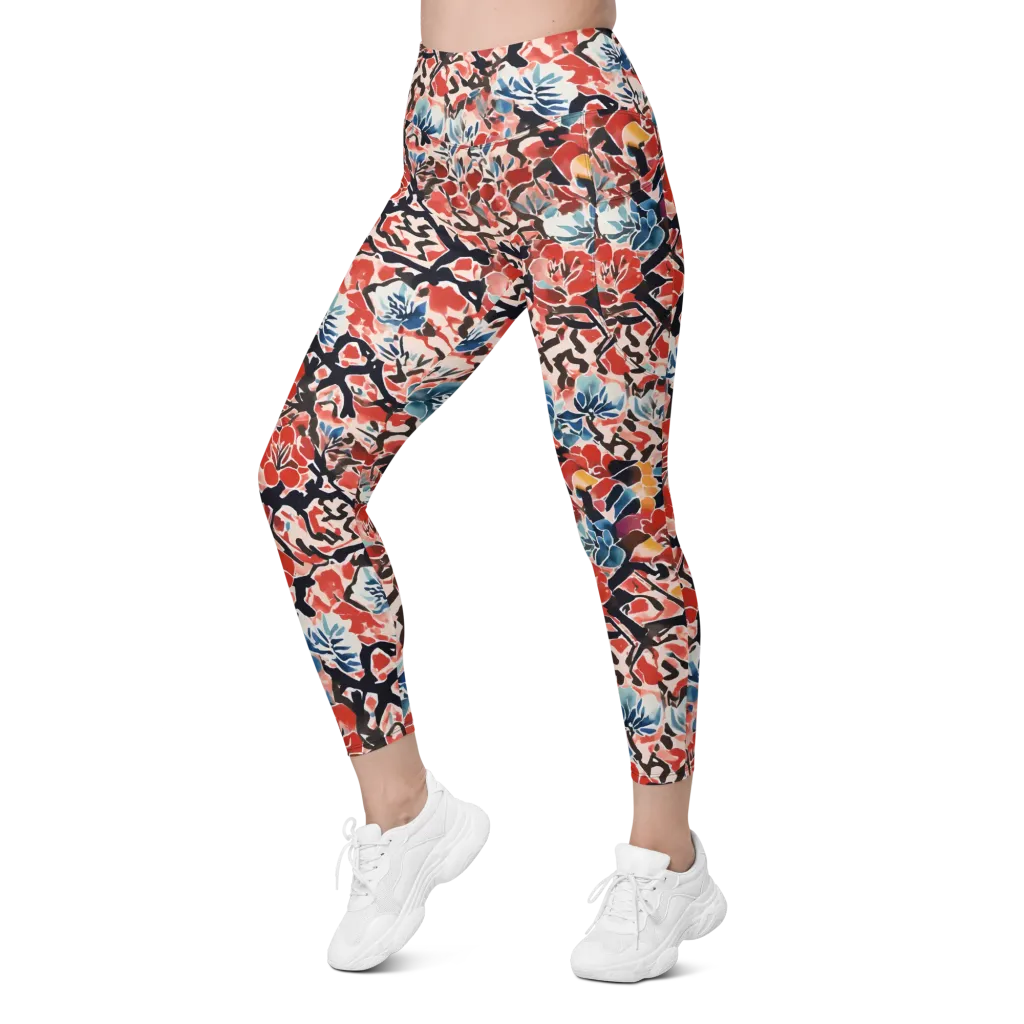 Crimson Brushwork on Leggings with Pockets — Left Front