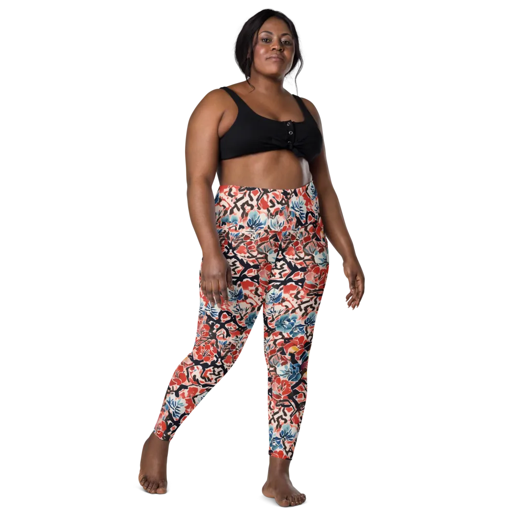 Crimson Brushwork on Leggings with Pockets — Front