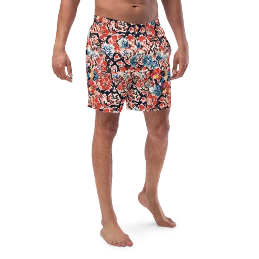 Crimson Brushwork on a Swim Trunks