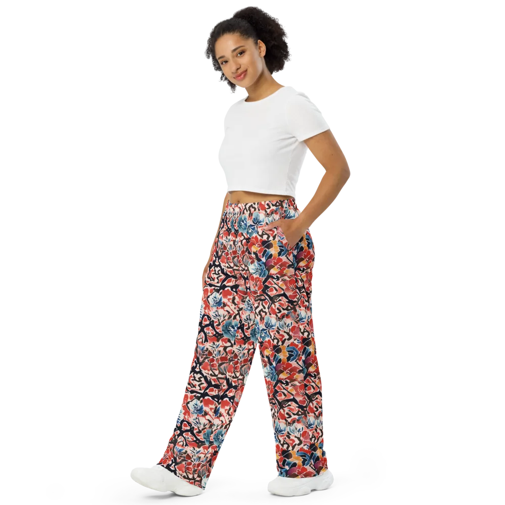 Crimson Brushwork on Wide-Leg Pants — Left Front