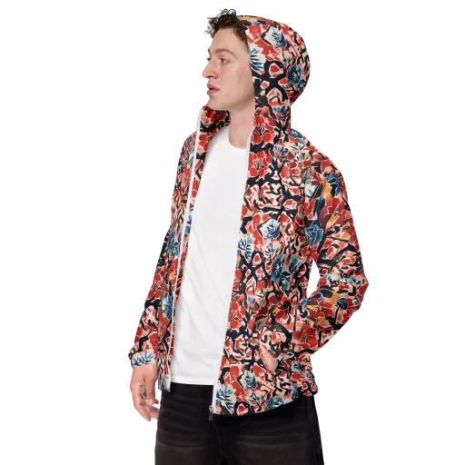 Crimson Brushwork on a Men's Windbreaker