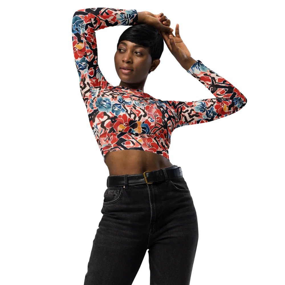 Crimson Brushwork on Long Sleeve Crop Top — Front
