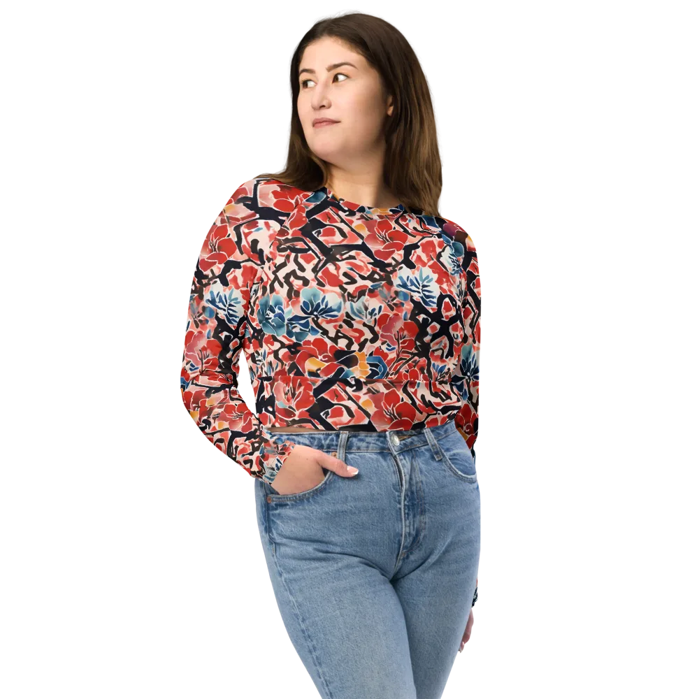 Crimson Brushwork on Long Sleeve Crop Top — Front