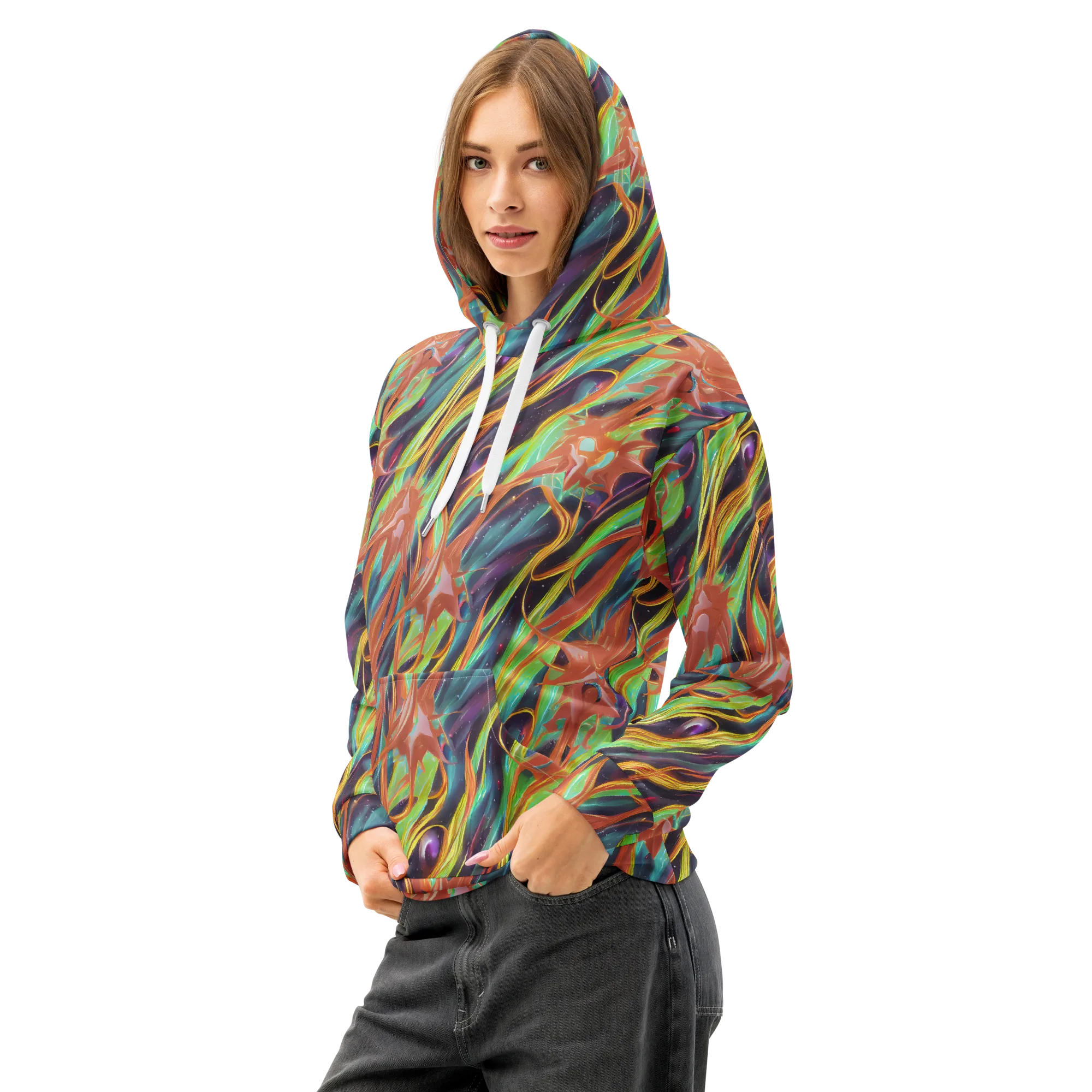 Neon Tidal Bloom on Cotton Hoodie — Left Front