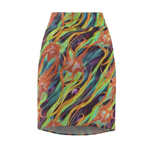 Neon Tidal Bloom on a Pencil Skirt