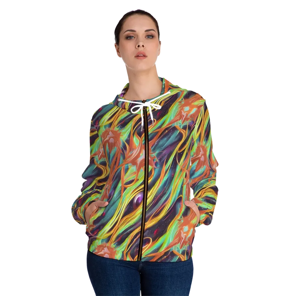 Neon Tidal Bloom on Women's Full-Zip Hoodie — Front On Person