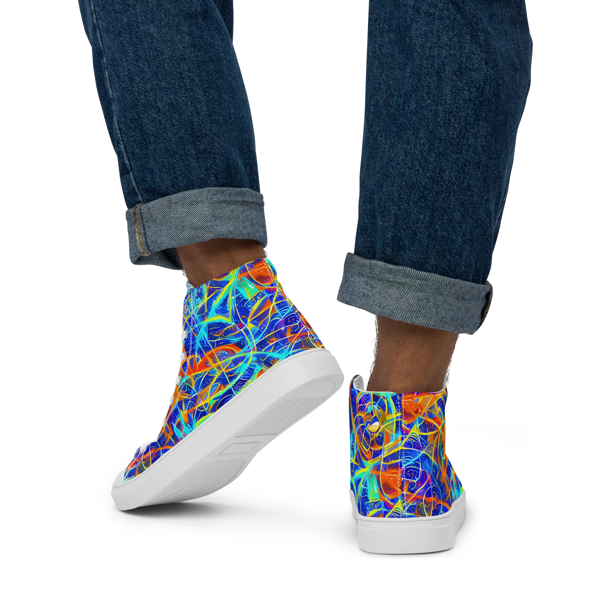 Neon Entanglement on Men's High Top Canvas Shoes — Back