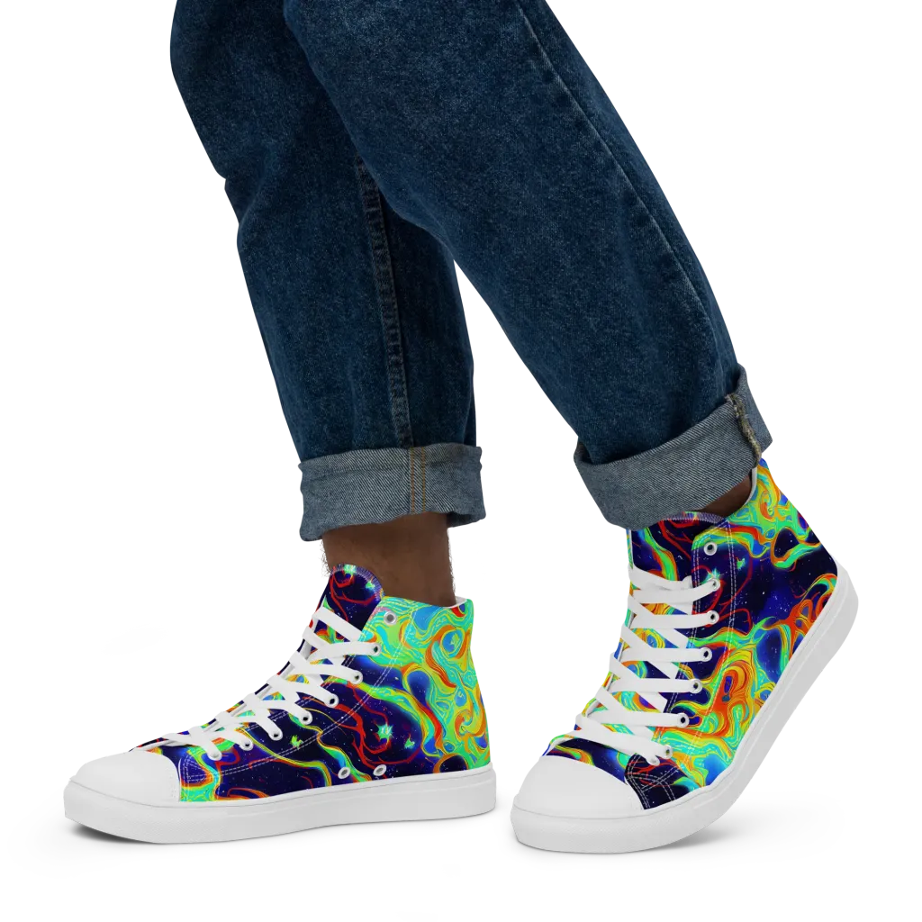 Neon Cosmos on Men's High Top Canvas Shoes — Left