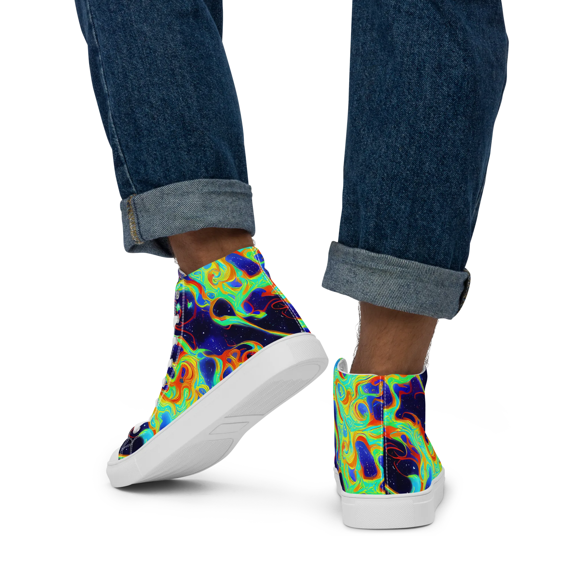 Neon Cosmos on Men's High Top Canvas Shoes — Back
