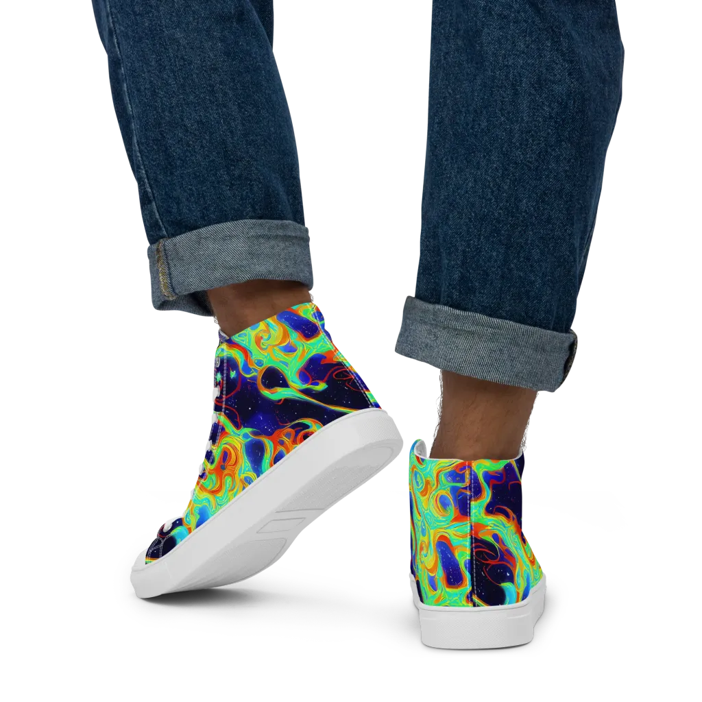 Neon Cosmos on Men's High Top Canvas Shoes — Back