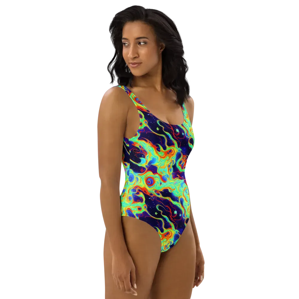 Neon Cosmos on One-Piece Swimsuit — Right