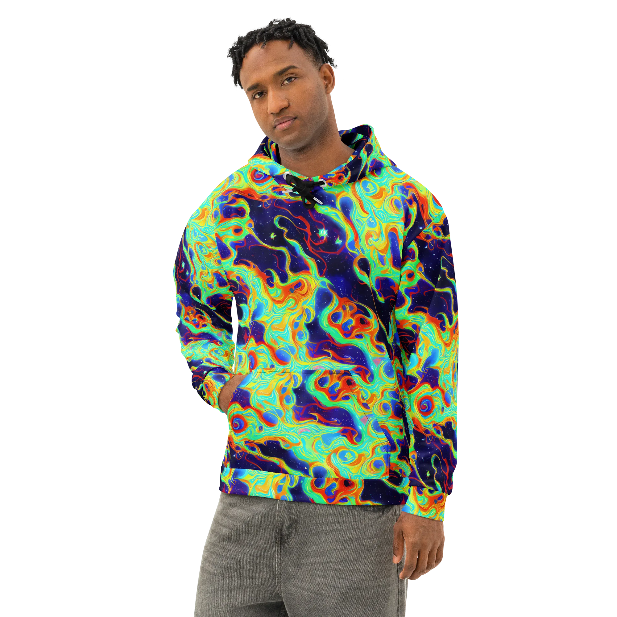 Neon Cosmos on Cotton Hoodie — Left Front