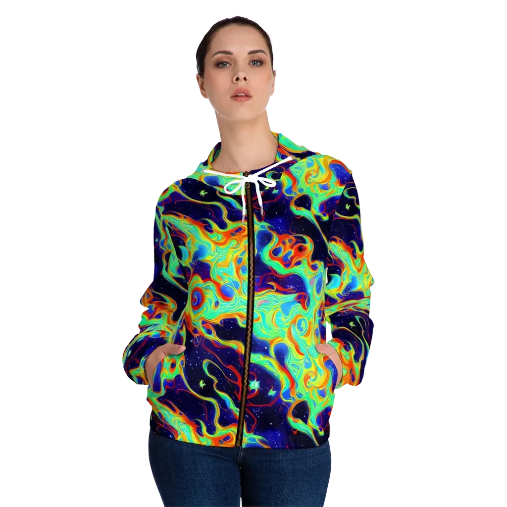 Neon Cosmos on Women's Full-Zip Hoodie — Front On Person