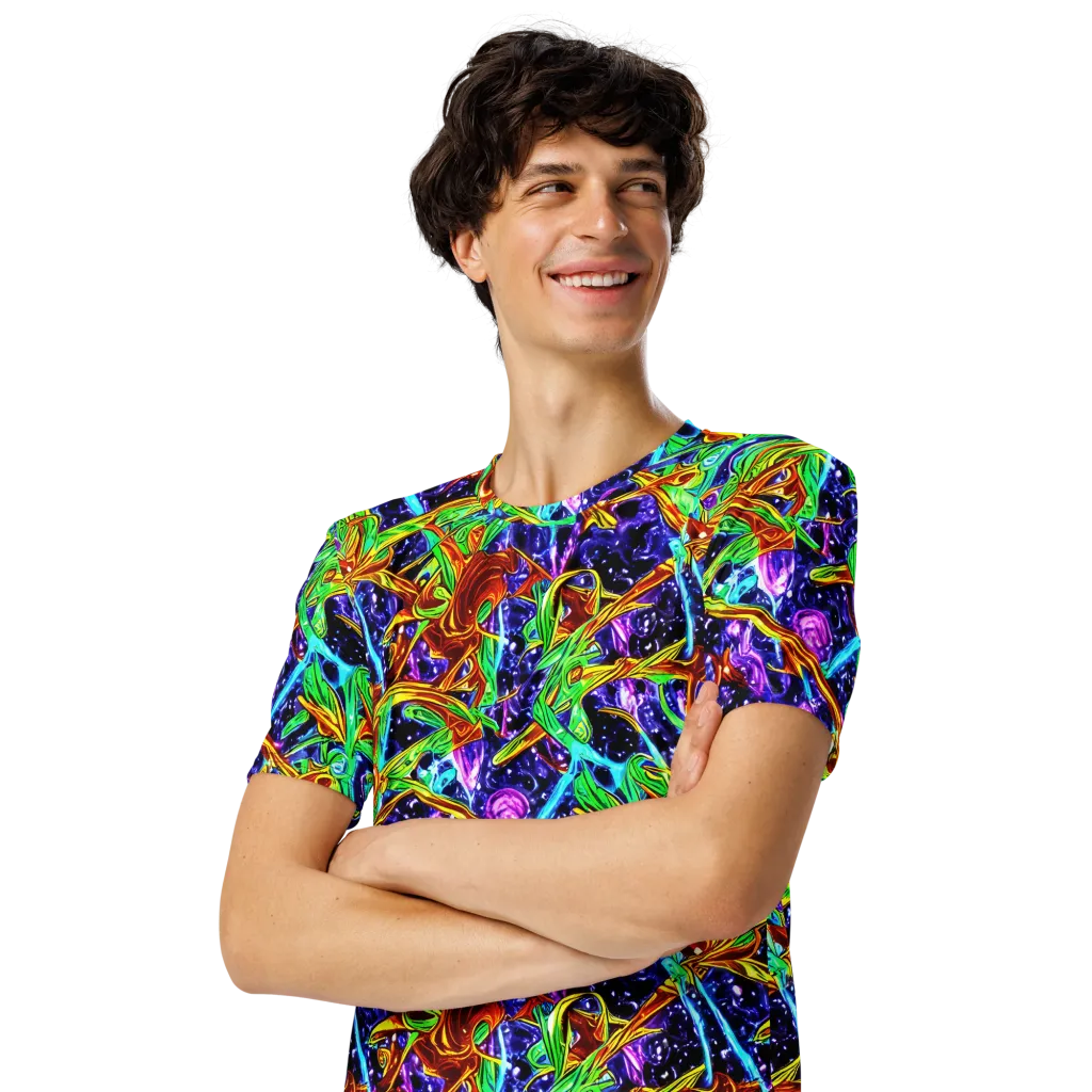 Neon Jungle Orbit on Men's Crew Neck T-Shirt — Left Front