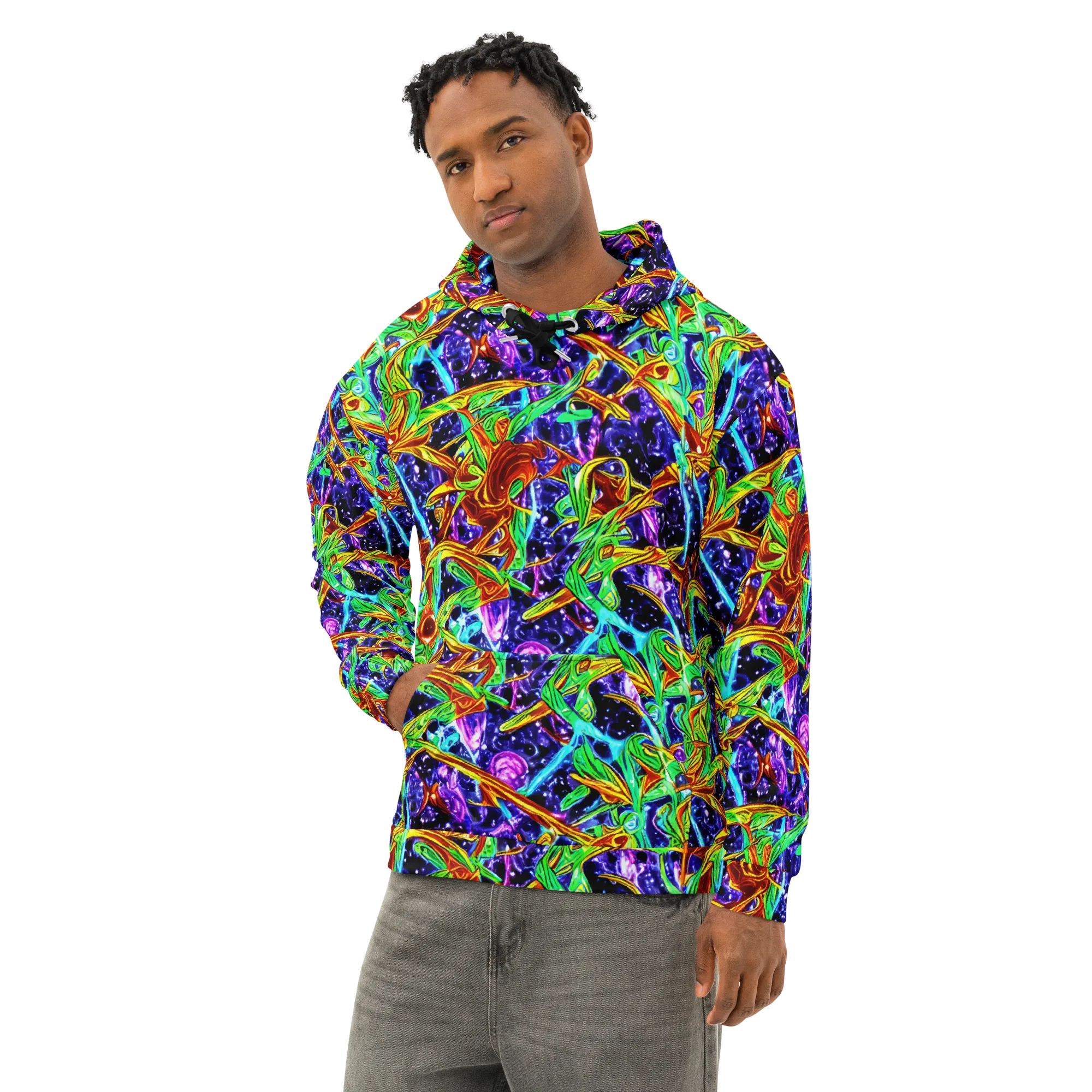Neon Jungle Orbit on Cotton Hoodie — Left Front