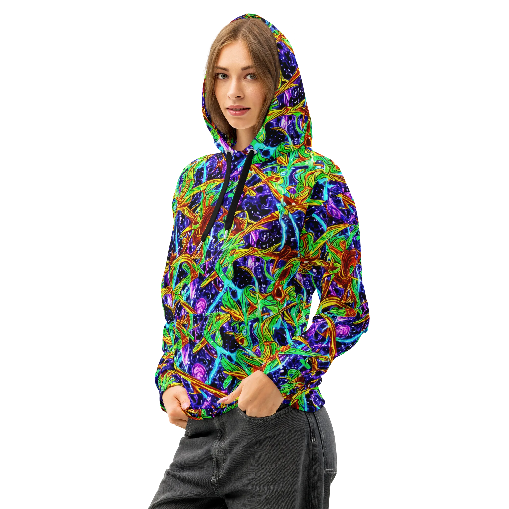 Neon Jungle Orbit on Cotton Hoodie — Left Front
