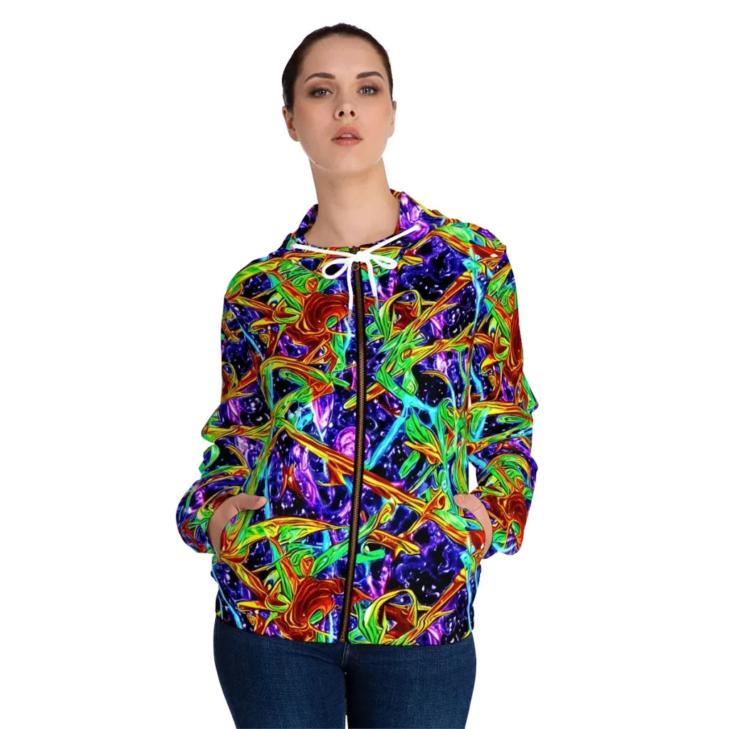 Neon Jungle Orbit on Women's Full-Zip Hoodie — Front On Person