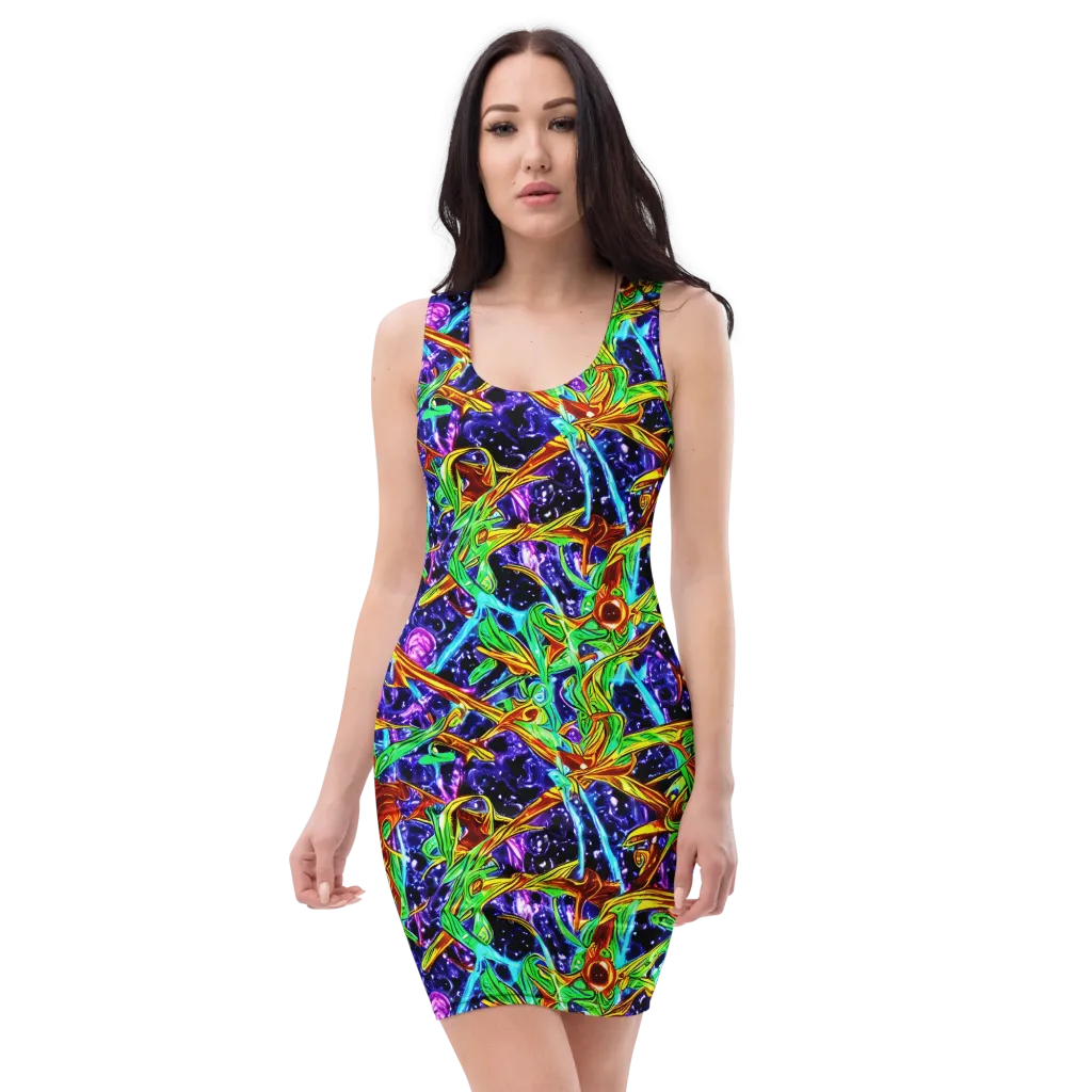 Neon Jungle Orbit on Bodycon Dress — Front