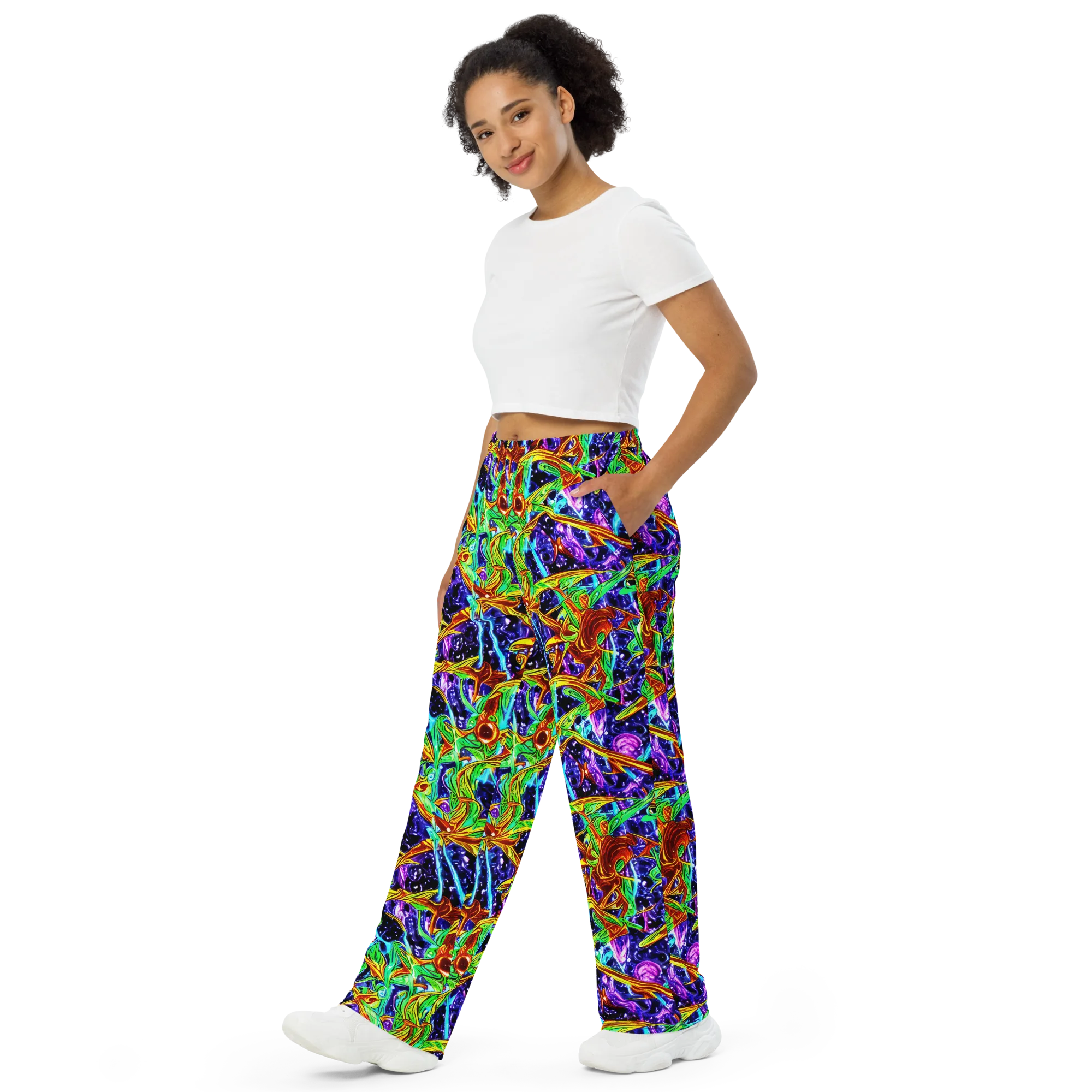 Neon Jungle Orbit on Wide-Leg Pants — Left Front