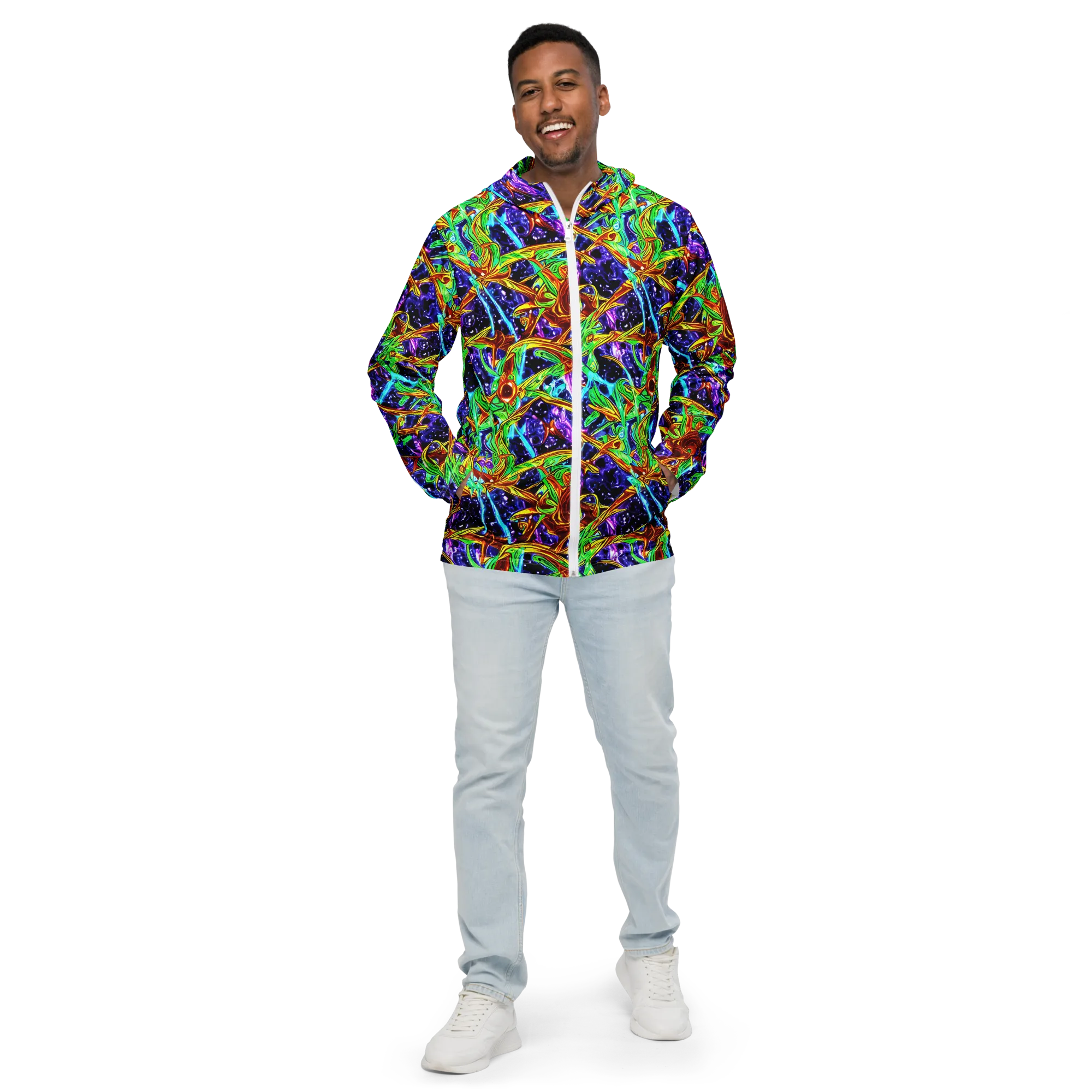 Neon Jungle Orbit on Men's Windbreaker — Front