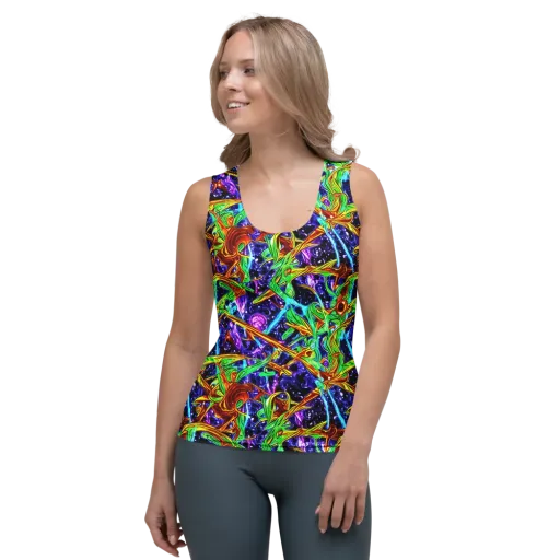 Neon Jungle Orbit on a Women's Tank Top