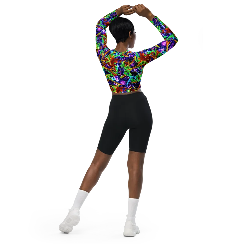 Neon Jungle Orbit on Long Sleeve Crop Top — Back