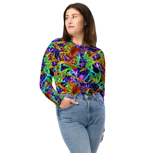 Neon Jungle Orbit on a Long Sleeve Crop Top