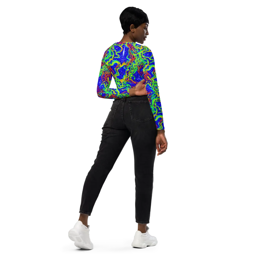 Cosmic Liquefaction on Long Sleeve Crop Top — Right Back
