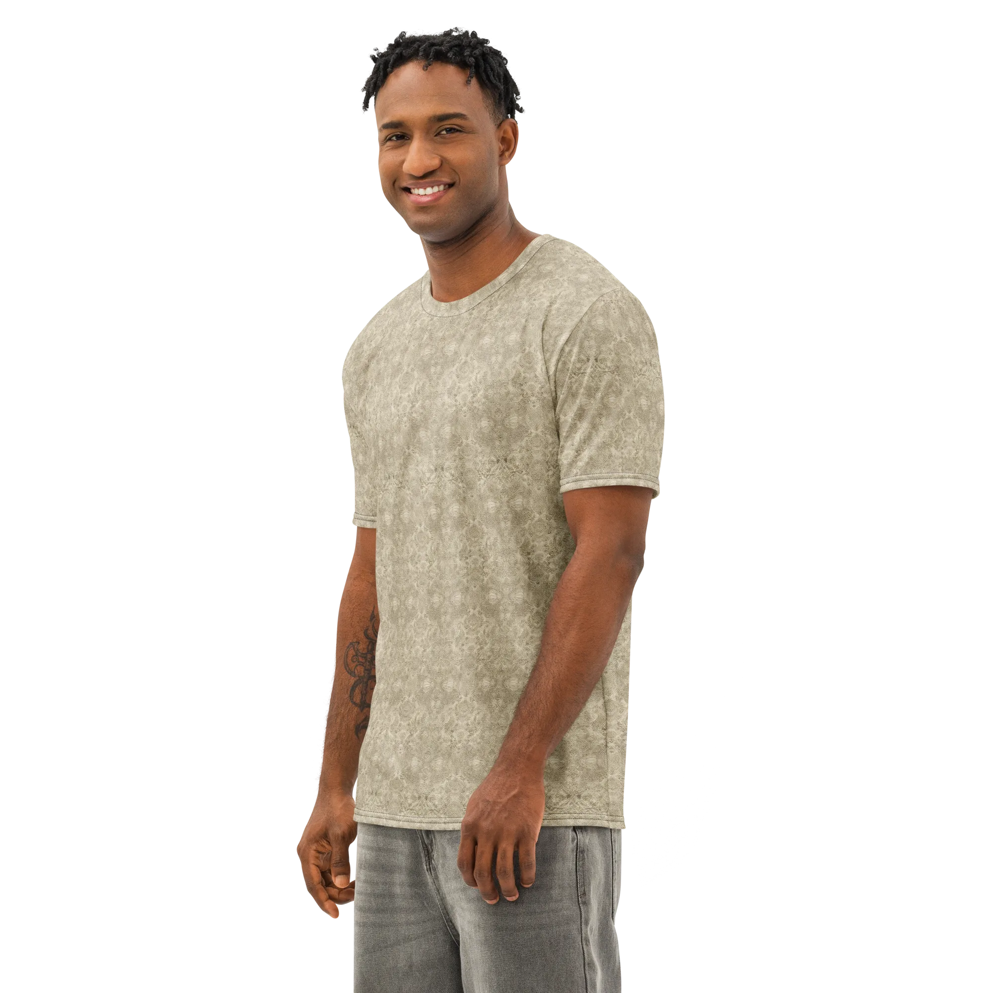 Parchment Paisley on Men's Cotton Crew Neck T-Shirt — Left Front