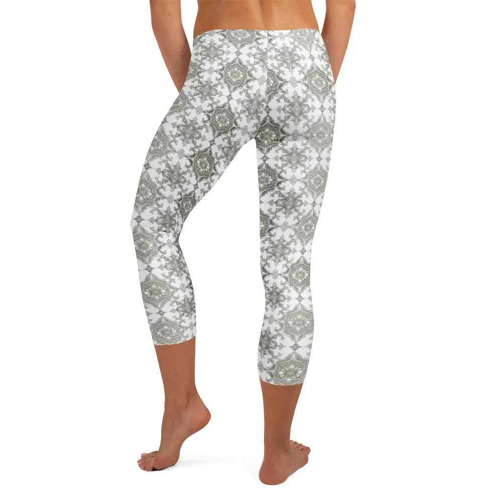 Silver Damask on Capri Leggings — Back