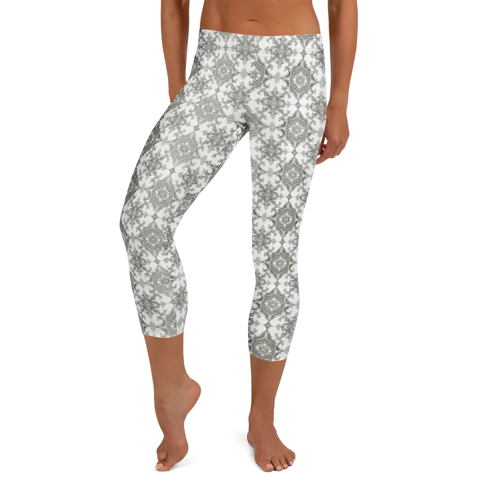 Silver Damask on Capri Leggings — Front