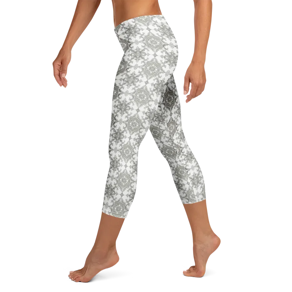 Silver Damask on Capri Leggings — Left