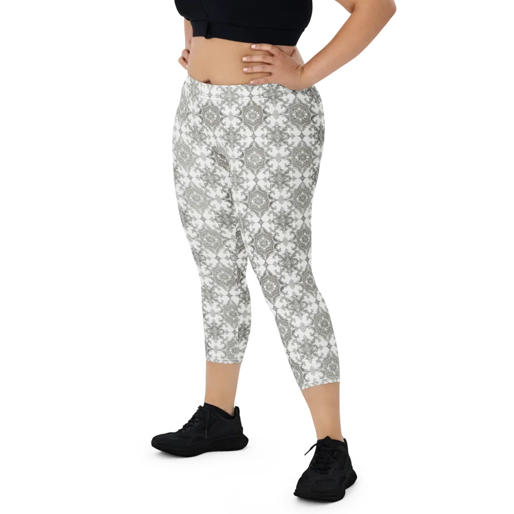Silver Damask on Capri Leggings — Front