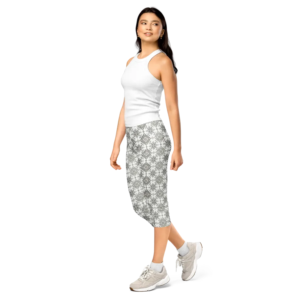 Silver Damask on Capri Leggings — Left Front