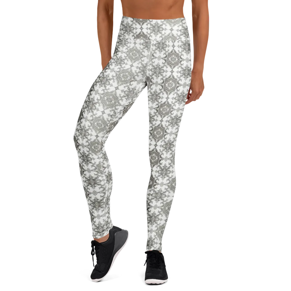 Silver Damask on Yoga Leggings — Front