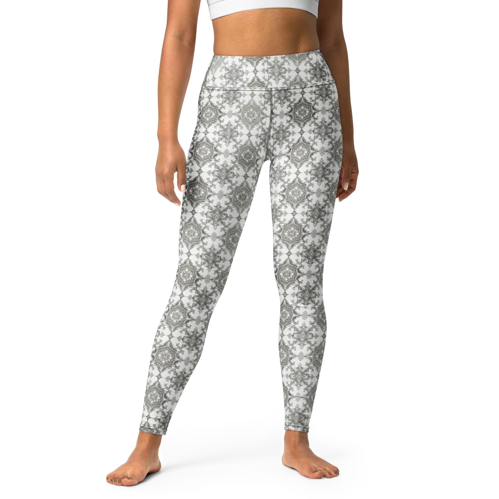 Silver Damask on Yoga Leggings — Front
