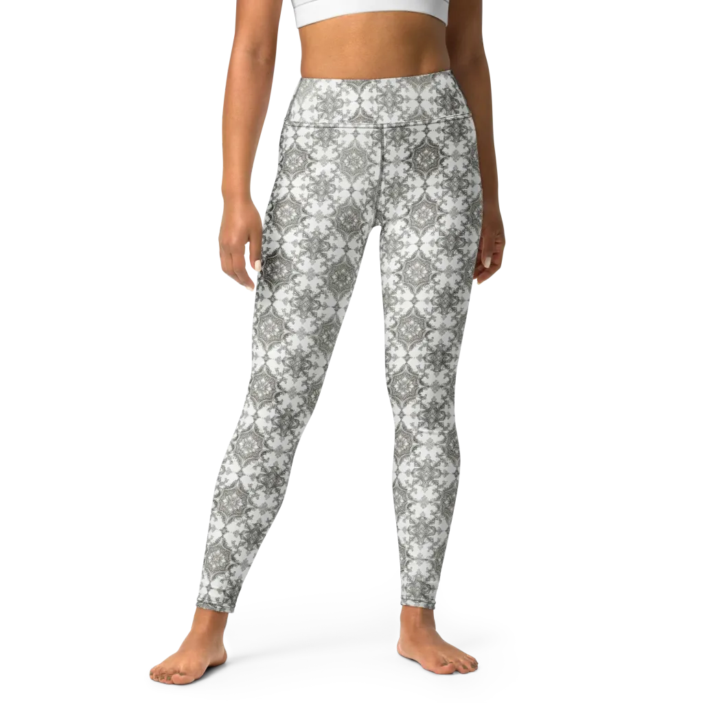 Silver Damask on Yoga Leggings — Front