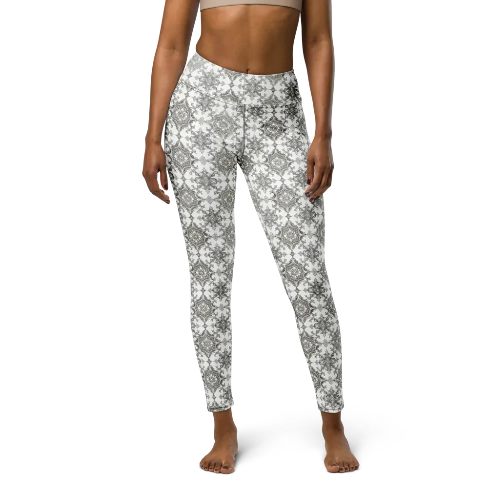 Silver Damask on Yoga Leggings — Front