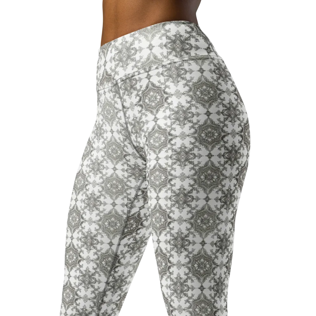 Silver Damask on Yoga Leggings — Left Front